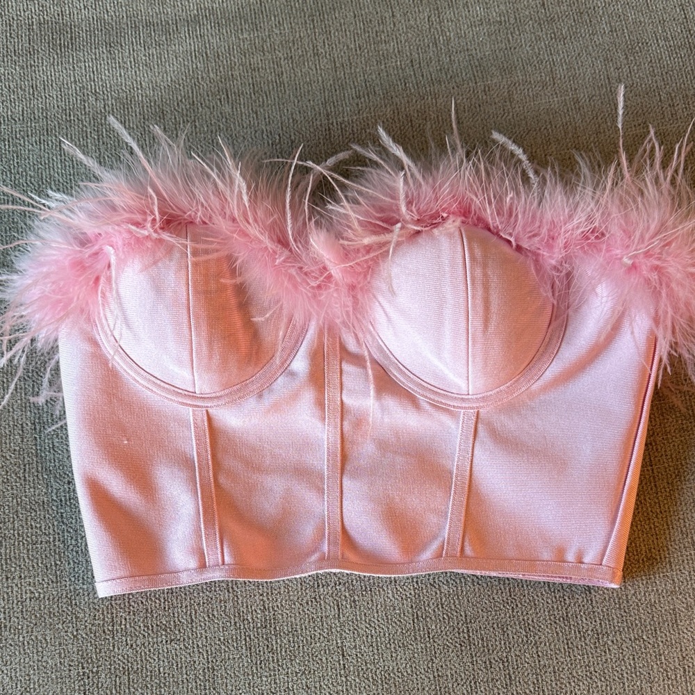 Superdown Pink Feather Trim Bustier Crop Top